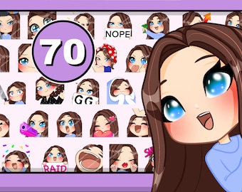 70pcs Chibi Girl Twitch emotes ( female MARIA : brown hair | blue eyes | pale skin ) bundle pack for Discord Youtube and any stream or chat