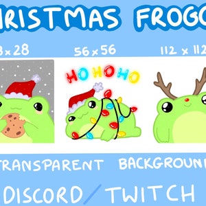 May include: Digital art featuring three green frog illustrations with Christmas themes. One frog wears a Santa hat and eats a cookie, another is wrapped in Christmas lights, and the last has antlers. Text includes "Christmas Froggy", "Transparent Background", and "Discord / Twitch".