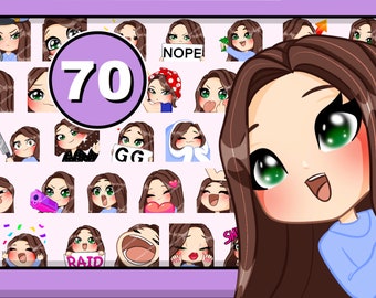 70pcs Chibi Girl Twitch emotes ( female MELODY: brown hair | emerald eyes | pale skin ) bundle pack for Discord Youtube & any stream