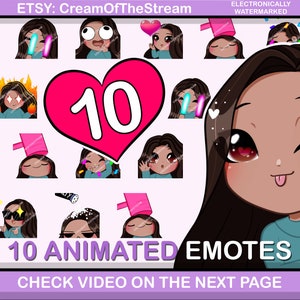 10 pcs SMOOTH Animated Emotes (Nell: dark brown hair | brown eyes | carmel skin) perfect for your stream on Twitch or Discord chat