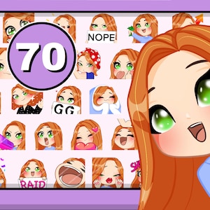 Pode incluir: Uma coleção de 70 emojis animados com um personagem de desenho animado de cabelo ruivo e olhos verdes. O personagem é mostrado em várias poses e expressões, incluindo piscar o olho, rir e segurar um coração. Os emojis são perfeitos para adicionar personalidade às suas conversas online.
