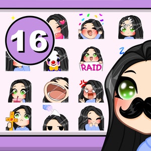 Twitch emot Chibi Girl Emotes 16 piezas (RACHEL: cabello negro / ojos verdes / piel pálida)