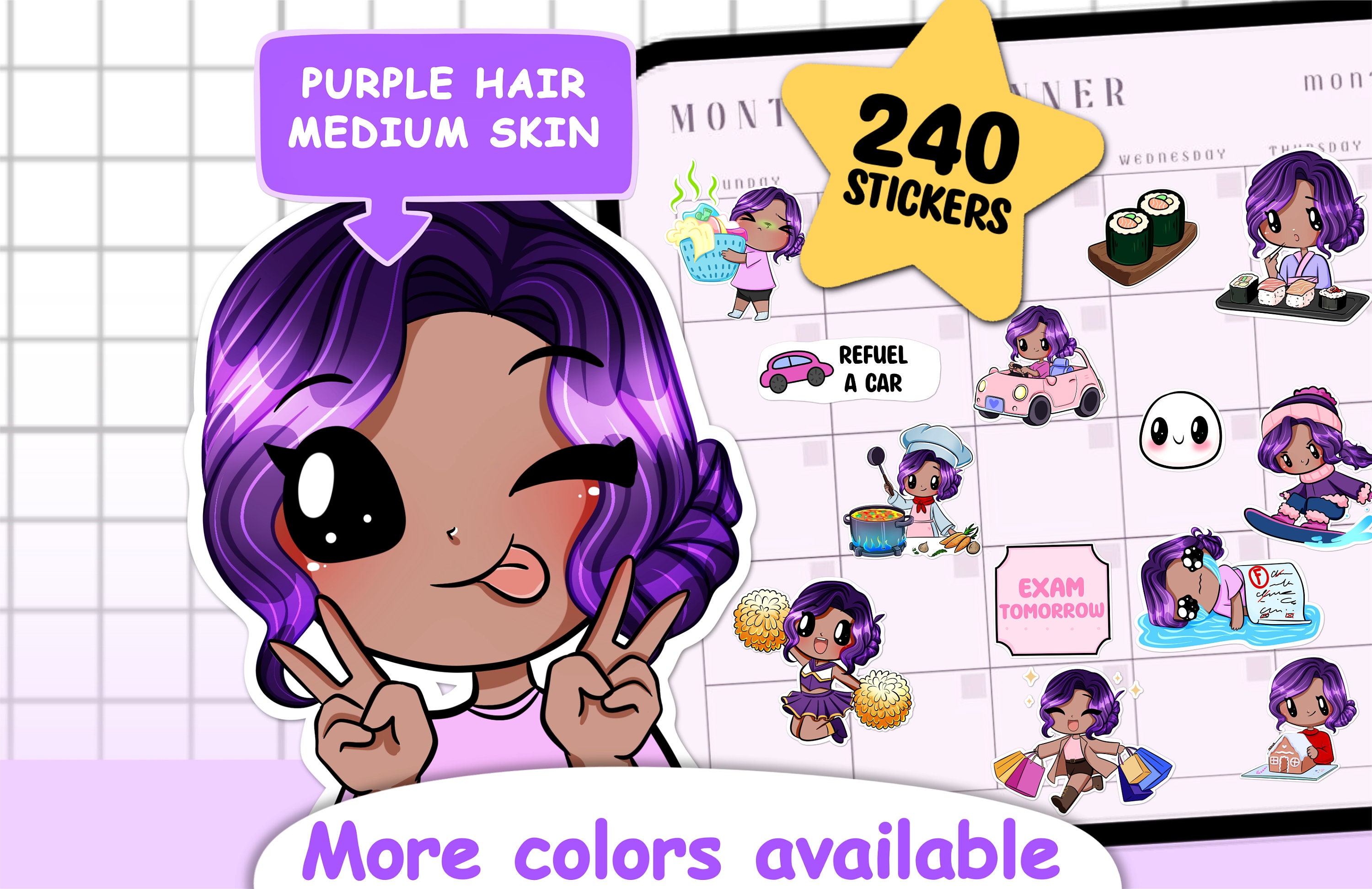 240pcs custom Functional cute stickers Goodnotes notebook Mega Pack ( Magda | Purple hair | Medium skin ) Digital journal | Ipad planner
