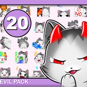 20 GREY-WHITE CAT Emotes Evil Pack |cute chibi kitten furry pet angel sweet kitty grey cats devil funny discord twitch youtube big bundle