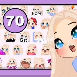 70pcs Chibi Girl Twitch emotes ( female SOPHIA: light blond hair | blue eyes | pale skin ) bundle pack for Discord & any stream or chat