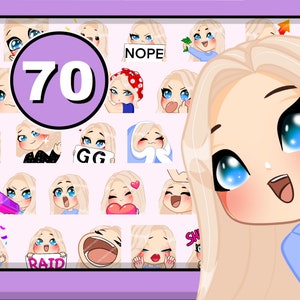 Può includere: Una collezione di 70 emoji animati con una ragazza dei cartoni animati con i capelli biondi e gli occhi azzurri. Le emoji mostrano diverse espressioni e azioni, tra cui l'occhiolino, le risate e il tenere una pistola. Il testo "NOPE" e "RAID" è visibile nell'immagine.