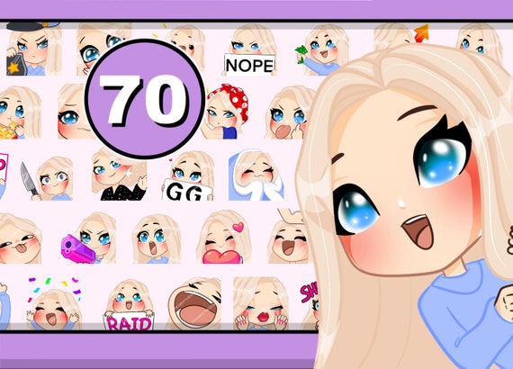 70pcs Chibi Girl Twitch emotes ( female SOPHIA: light blond hair | blue eyes | pale skin ) bundle pack for Discord & any stream or chat