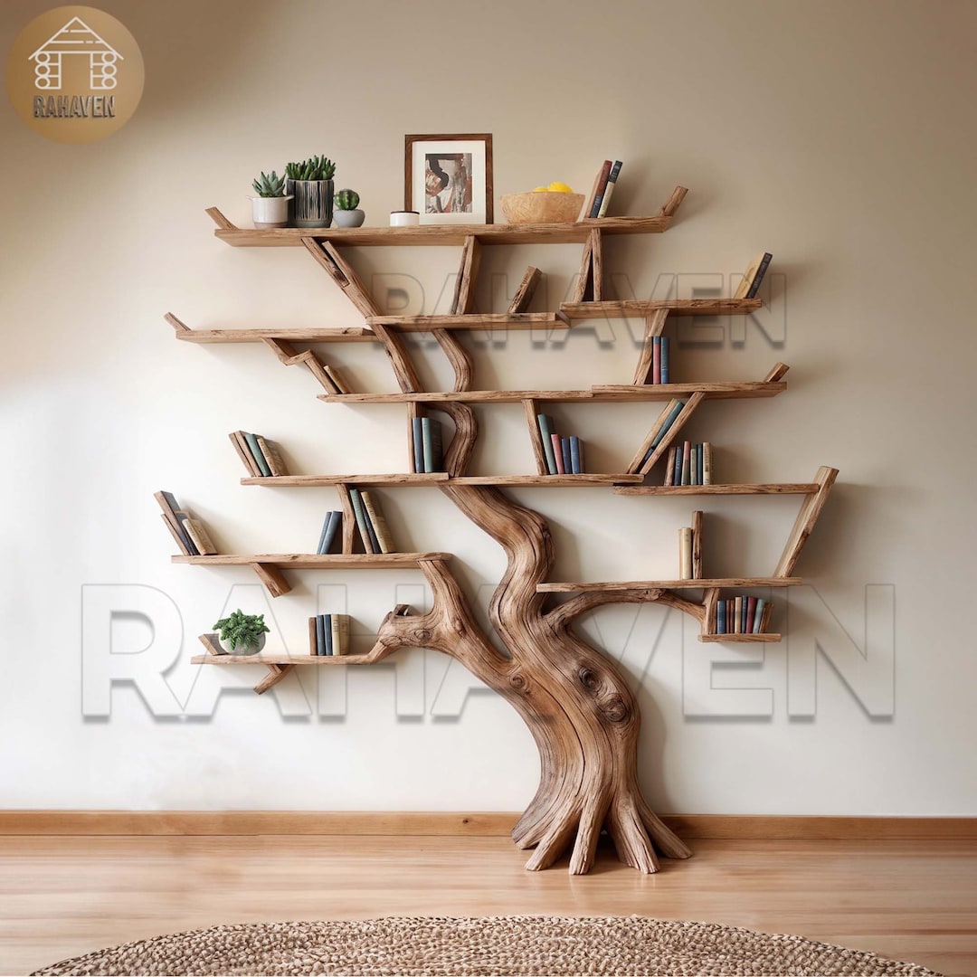 Tree Bookshelf Live Edge Shelves Floating Solid Wood Bookcase Sculpture ...