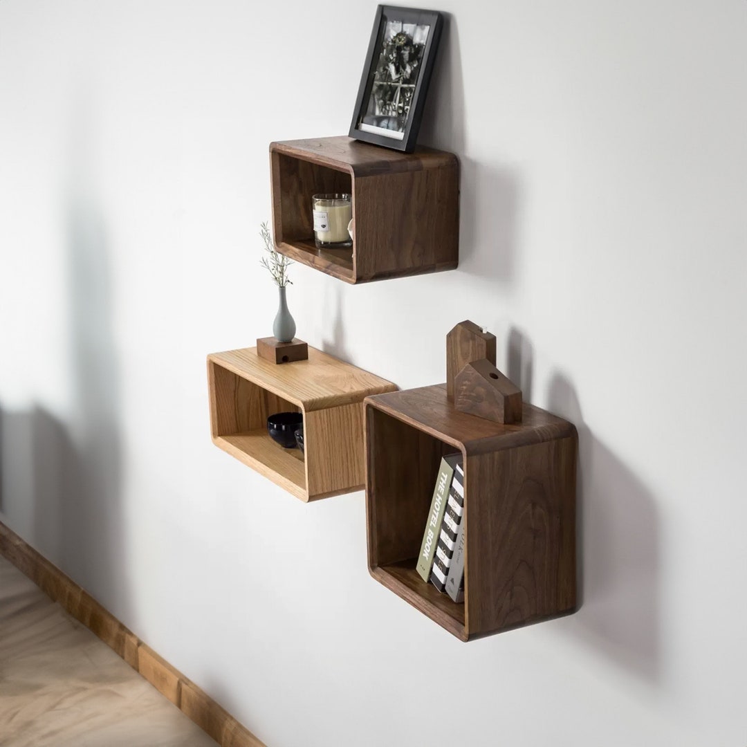 Floating Shelves Solid Wood Modern Geometric Wall Shelf Walnut Shelves ...