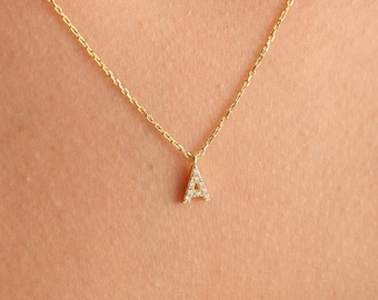 Aangepaste sierlijke pave brief ketting, eerste diamanten ketting, brief ketting, minimale sieraden, Moederdag cadeau, gepersonaliseerd cadeau voor haar