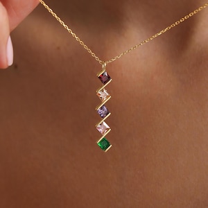 Sterling Silver Family Birthstone Necklace, Gold Square Birthstone Necklace, Birthstone Jewelry, Bridesmaid Gif, Christmas Gifts