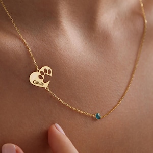 Engraved Paw Print Necklace, Heart Shaped Paw Necklace, Birthstone Necklace, Pet Memorial Jewelry, Minimalist Paw Necklace, Christmas Gift