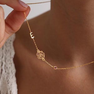 Collar con inicial de flor de nacimiento y piedras de nacimiento, regalo significativo, regalo de Navidad, collar familiar con flor de nacimiento, regalos personalizados