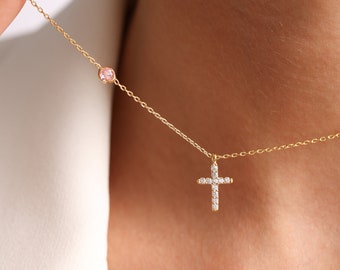 Birthstone Cross Necklace for Women, Personalized Cross Gift for Mothers, Gift for Her, Birthstone Jewelry, Family Necklace, Gold Necklace