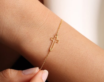 Pulsera cruzada, joyería cruzada, pulsera religiosa, pulsera cruzada pequeña, joyería cruzada delicada, regalos de Navidad para mujeres, regalo religioso