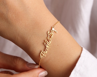 Bracciale a due nomi con cuore, bracciale famiglia Dainty, bracciale a 2 nomi, gioielli personalizzati, regalo di anniversario, regalo per la festa della mamma, regalo per lei
