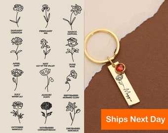 Personalized Birthstone Keychain, Birth Month Flower Keyring, Flower Keychain, Name Keychain, Anniversary Gift, Gift For Her, Gift For Mom