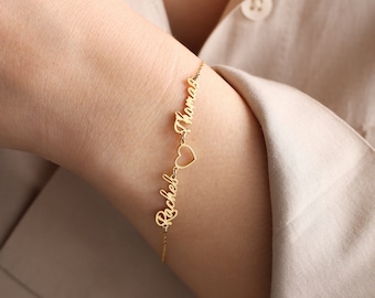 Bracciale con nomi personalizzati, Braccialetti con nomi multipli, Bracciale con doppio nome, Bracciale con nome a cuore, Regali per damigella d'onore, Regali per la madre, Regalo per lei