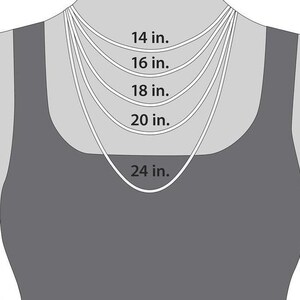 May include: A diagram showing different necklace lengths on a model wearing a tank top. The lengths are 14 inches, 16 inches, 18 inches, 20 inches, and 24 inches.