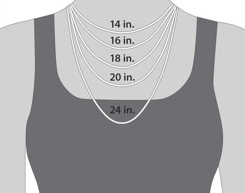 May include: A diagram showing different necklace lengths on a model wearing a tank top. The lengths are 14 inches, 16 inches, 18 inches, 20 inches, and 24 inches.