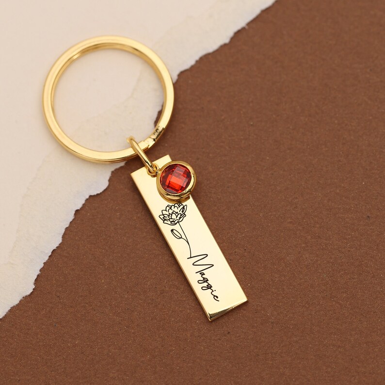 Personalized Birthstone Keychain Birth Month Flower Keyring - Etsy