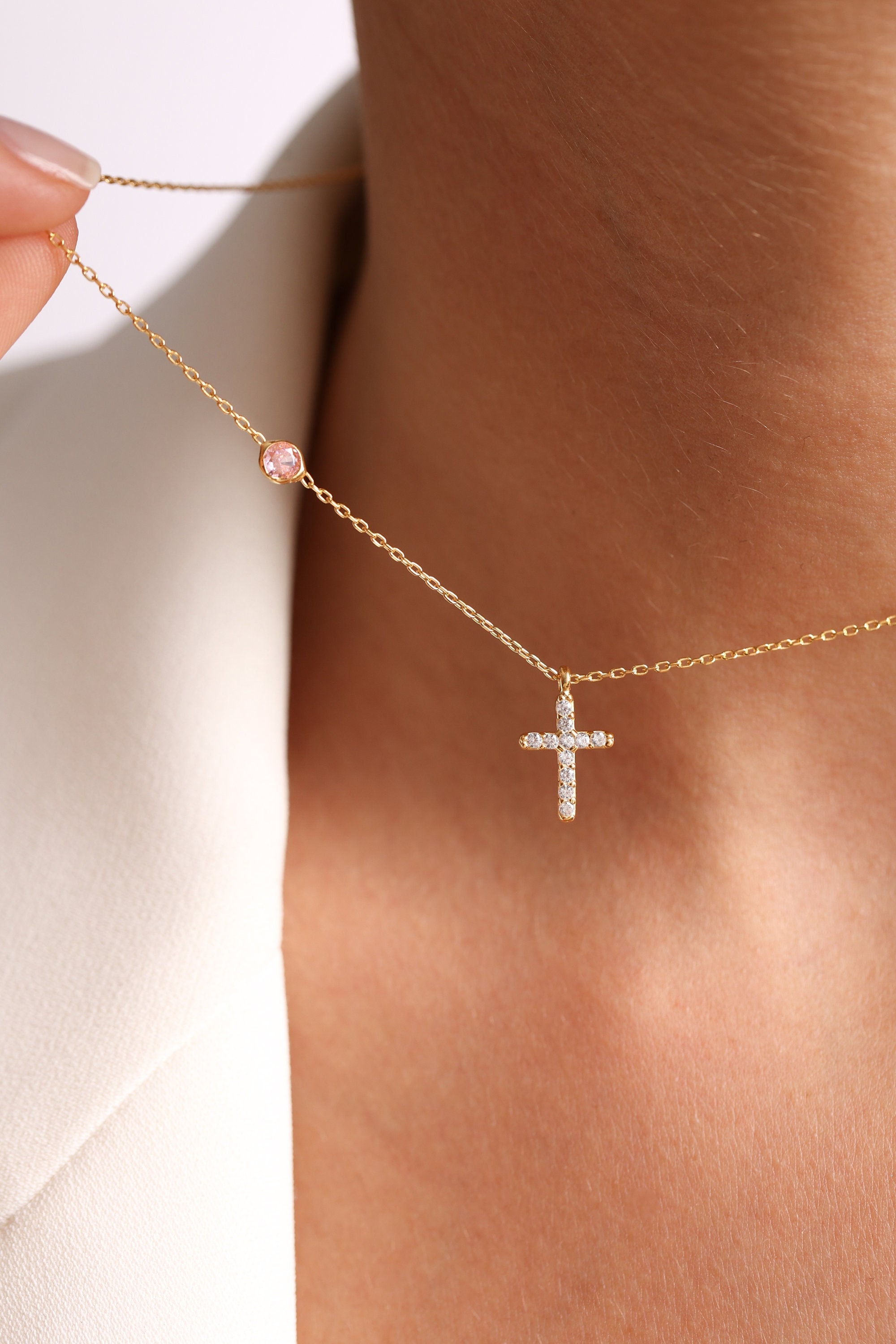 Birthstone Cross Necklace for Women, Personalized Cross Gift for Mothers, Gift for Her, Birthstone Jewelry, Family Necklace, Gold Necklace