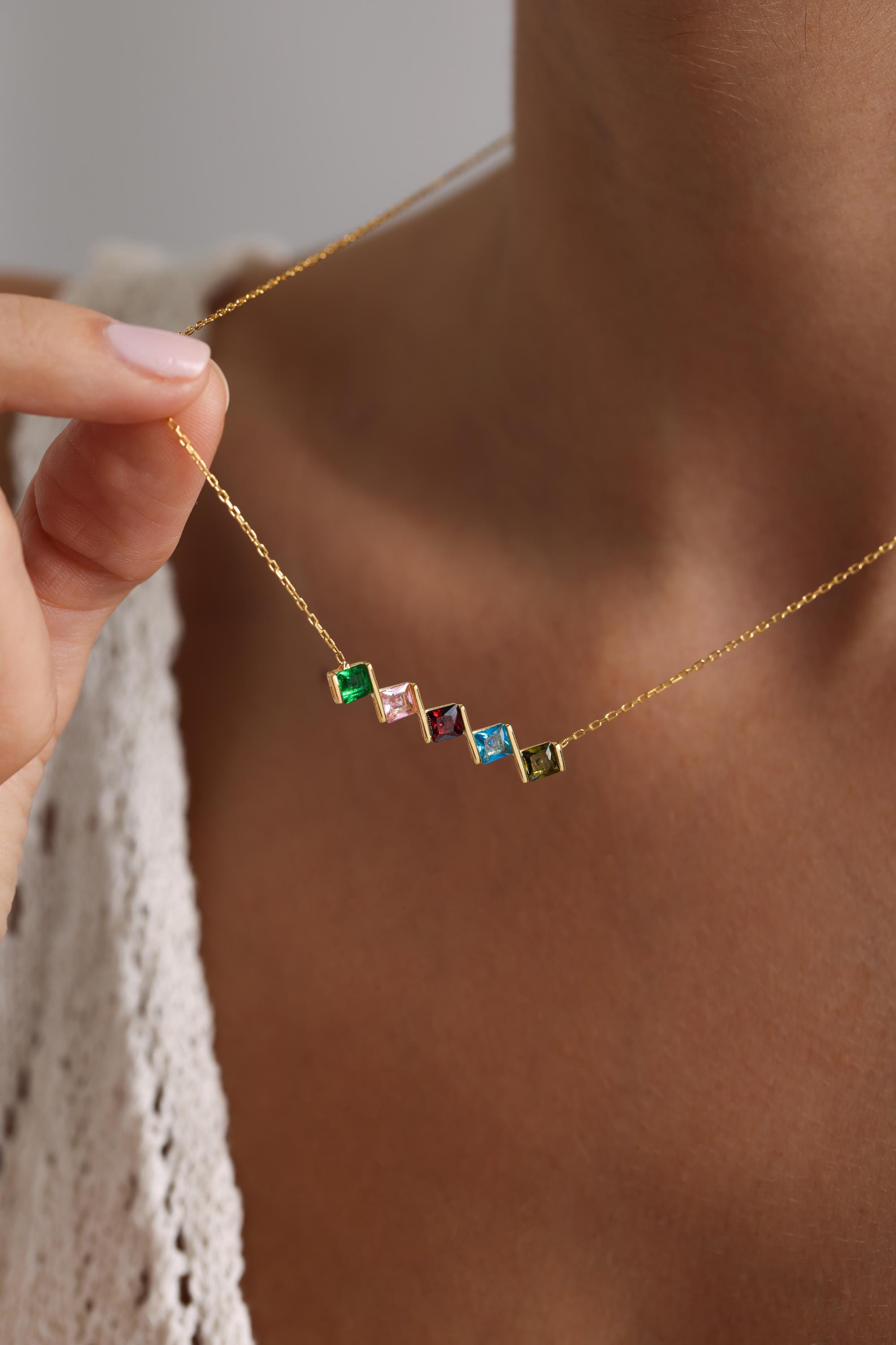 Personalized Family Birthstone Necklace, Multi Birthstone Necklaces, Gold Square Birthstone Necklace, Birthstone Jewelry, Christmas Gifts