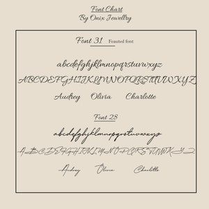 May include: Font chart for jewelry personalization, showing two different font styles, Font 31 and Font 28, with lowercase and uppercase letters, and the names Audrey, Olivia, and Charlotte written in each font.