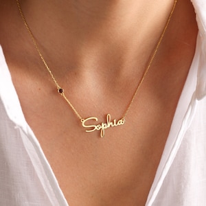 Collier de nom personnalisé avec pierre de naissance, collier de nom de pierre de naissance, collier de nom et de pierre de naissance, collier minimaliste, pendentif cadeau maman, argent