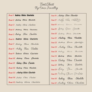 May include: A chart showing 31 different font styles for the names Audrey, Olivia, and Charlotte. The font styles are numbered 1 through 31.