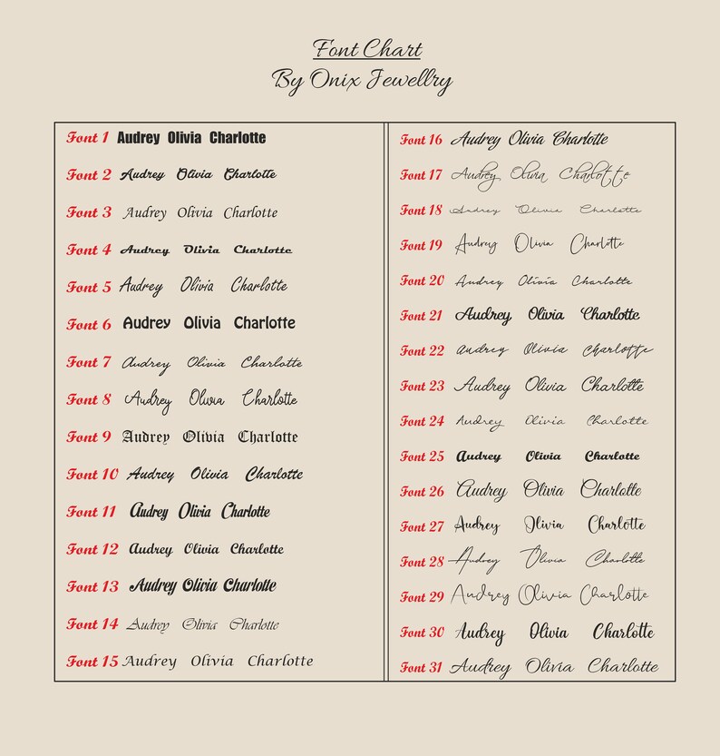 May include: A chart showing 31 different font styles for the names Audrey, Olivia, and Charlotte. The font styles are numbered 1 through 31.