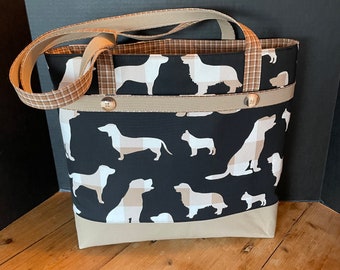 Handmade Canvas Tote, All Dogs Print, Large Denim Shoulder Bag