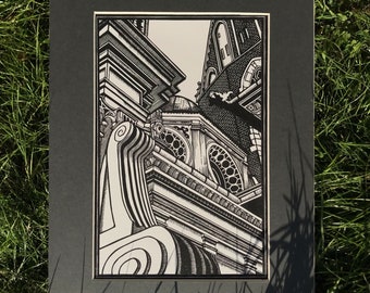 May include: Black and white line art print of a building with intricate details. The print is framed in a black mat.