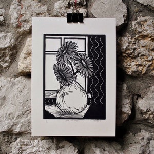 Handmade Linocut flower Print &quot;Run to stay&quot; | Wall art | Home decor