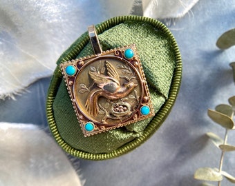 Victorian Swallow Returning to Nest Turquoise Pendant in 14k Gold