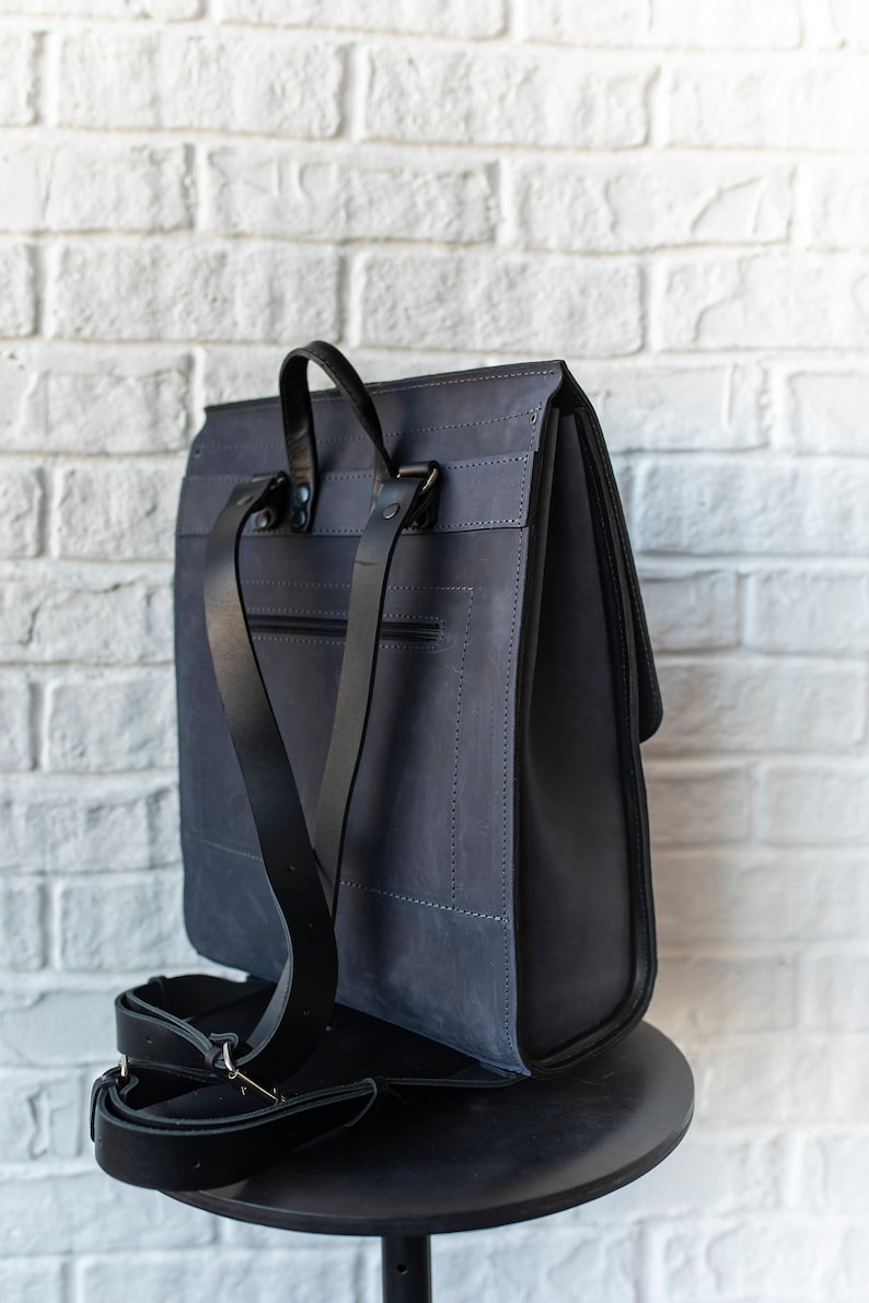 Blue and black rucksack women Stylish minimalist backpack purse Men/'s travel bag Large office bag Two color leather backpack men