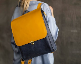 Colorful leather backpack women, Rucksack for women, Yellow leather backpack, Backpack purse, Stylish backpack, City backpack, Gift for her