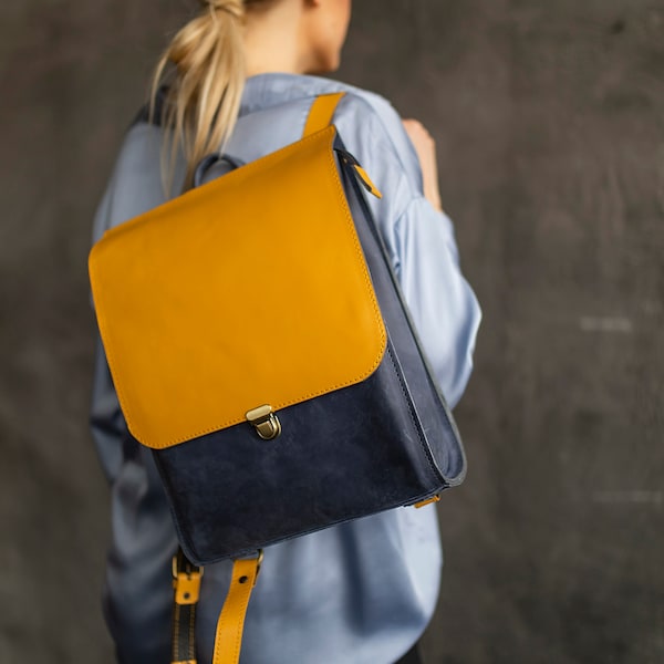 Colorful leather backpack women, Rucksack for women, Yellow leather backpack, Backpack purse, Stylish backpack, City backpack, Gift for her