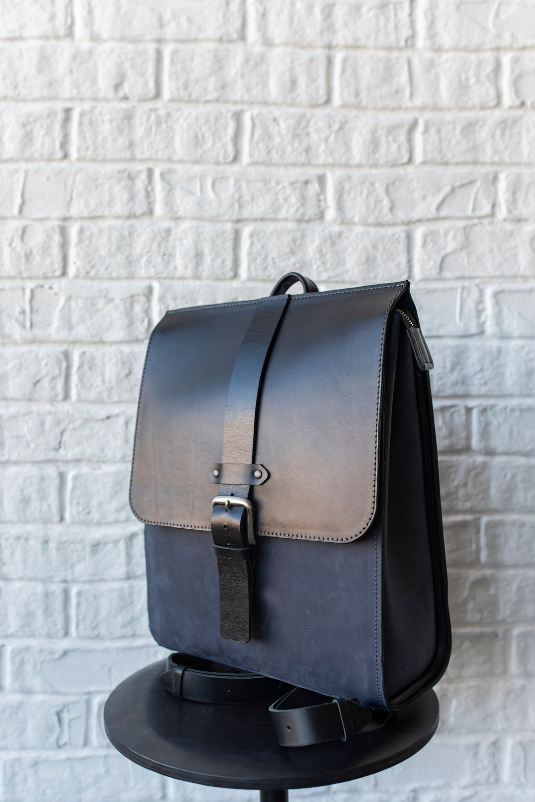 Two Color Backpack Two Color Leather Backpack Men, Blue and Black Rucksack Women, Stylish ...