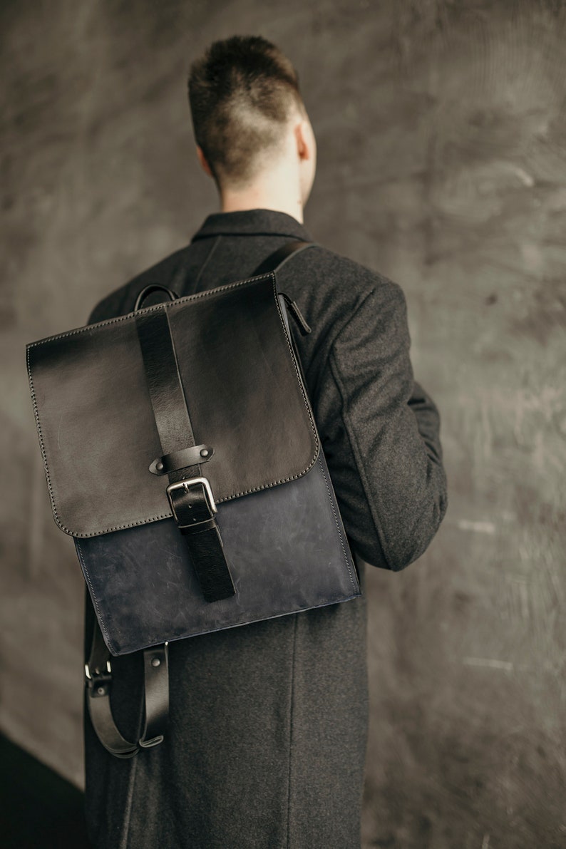 Blue and black rucksack women Stylish minimalist backpack purse Men/'s travel bag Large office bag Two color leather backpack men