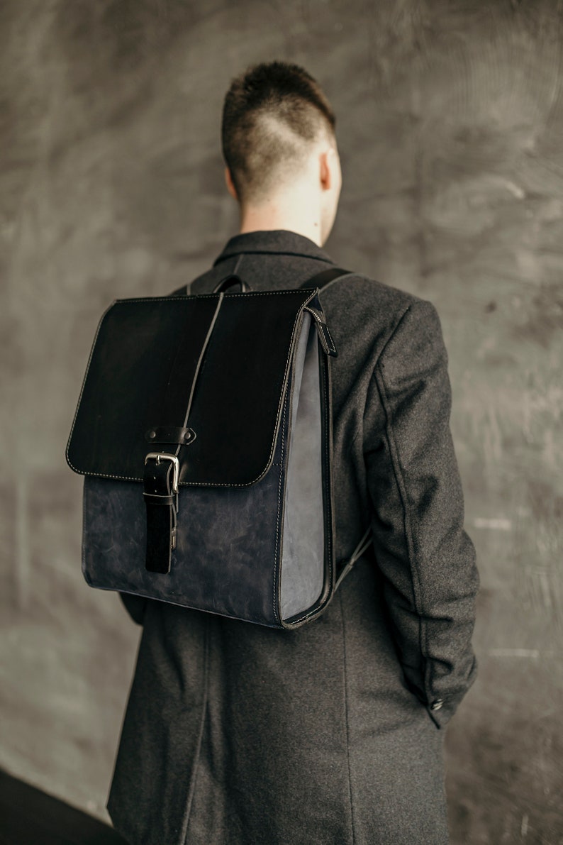 Blue and black rucksack women Stylish minimalist backpack purse Men/'s travel bag Large office bag Two color leather backpack men