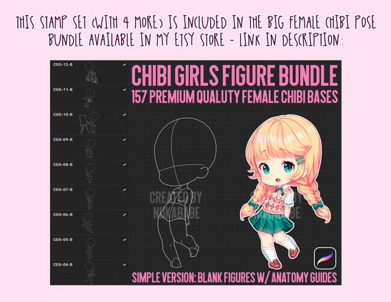 Procreate Digital Stamp Set CUTE POSES Kawaii Chibi Anime 