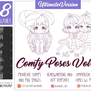 May include: A digital illustration of 28 Procreate stamps and PNG images featuring cute, cozy poses of two cartoon characters. The illustration is in black and white with a purple background. The text "Comfy Poses Vol. 2" is written in a stylized font. The text "Procreate Stamps and PNG Images" is written in a smaller font below the title. The text "Heartwarming and Cozy Templates" is written in a smaller font below the title. The text "Commercial License Comes w/ Purchase" is written in a smaller font below the title.