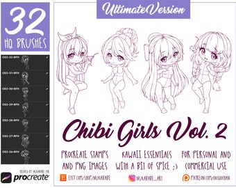Timbri Procreate Chibi Female Figure: pose anime, capelli, occhi (PNG)