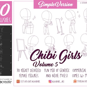30 tampons pour personnages féminins pour procréer, poses de procréation Chibi, pinceaux de guidage, base chibi, pinceaux de dessin animé pour illustration de mode