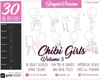 Procreate Chibi Poses: Female Figure Stamps, Fashion Illustration (Brushset & PNG)