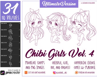 Female Figures Stamps Brushes For Procreate, Guide Brushes, Chibi Base Set, Figure Cartoon Brushes, Anime Hair, Anime Eyes, Anime Poses