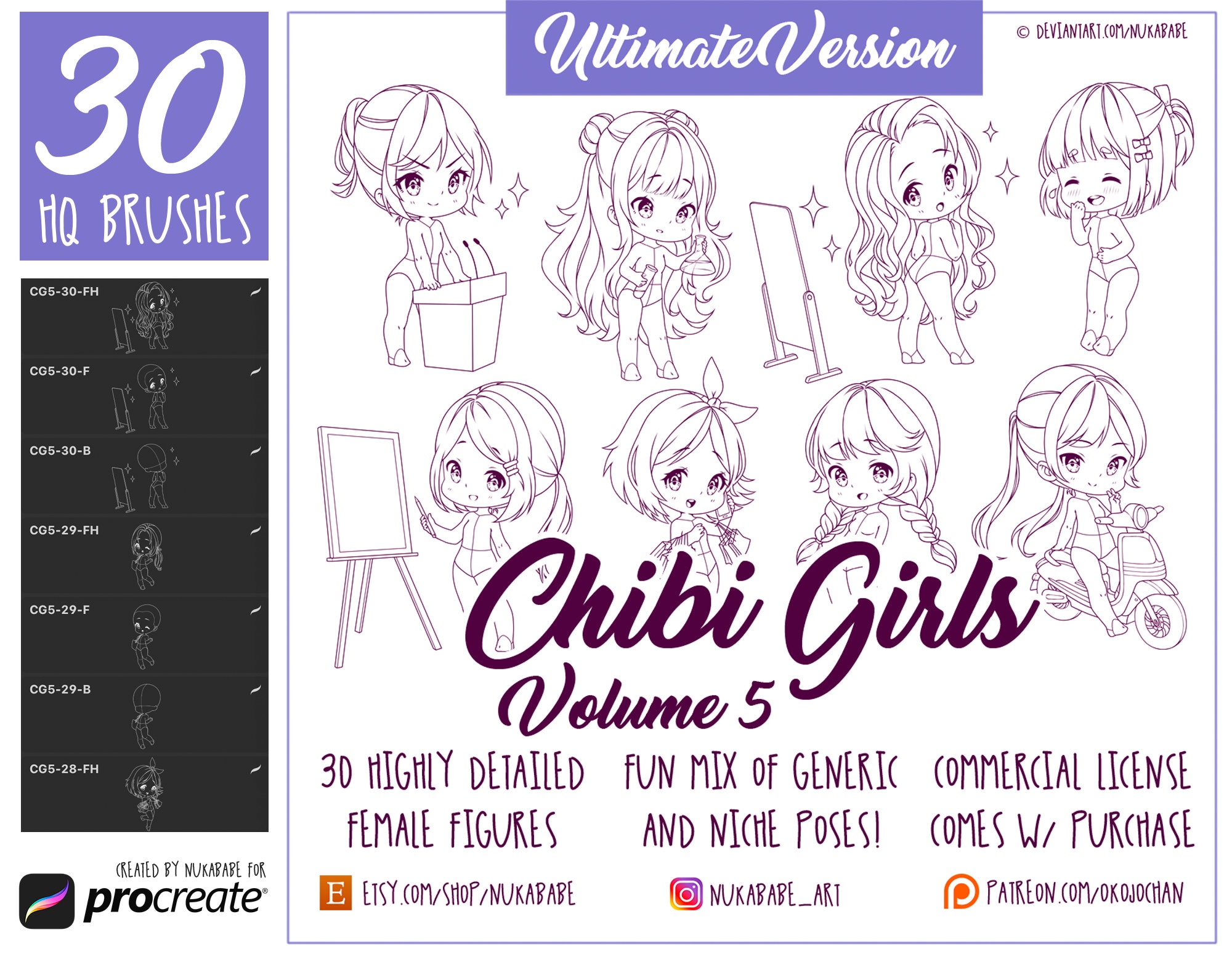 30 Chibi-Frauen-Figuren-Stempel für Procreate – Anime-Posen, Guide-Brushes, Bases, Augen & Haare