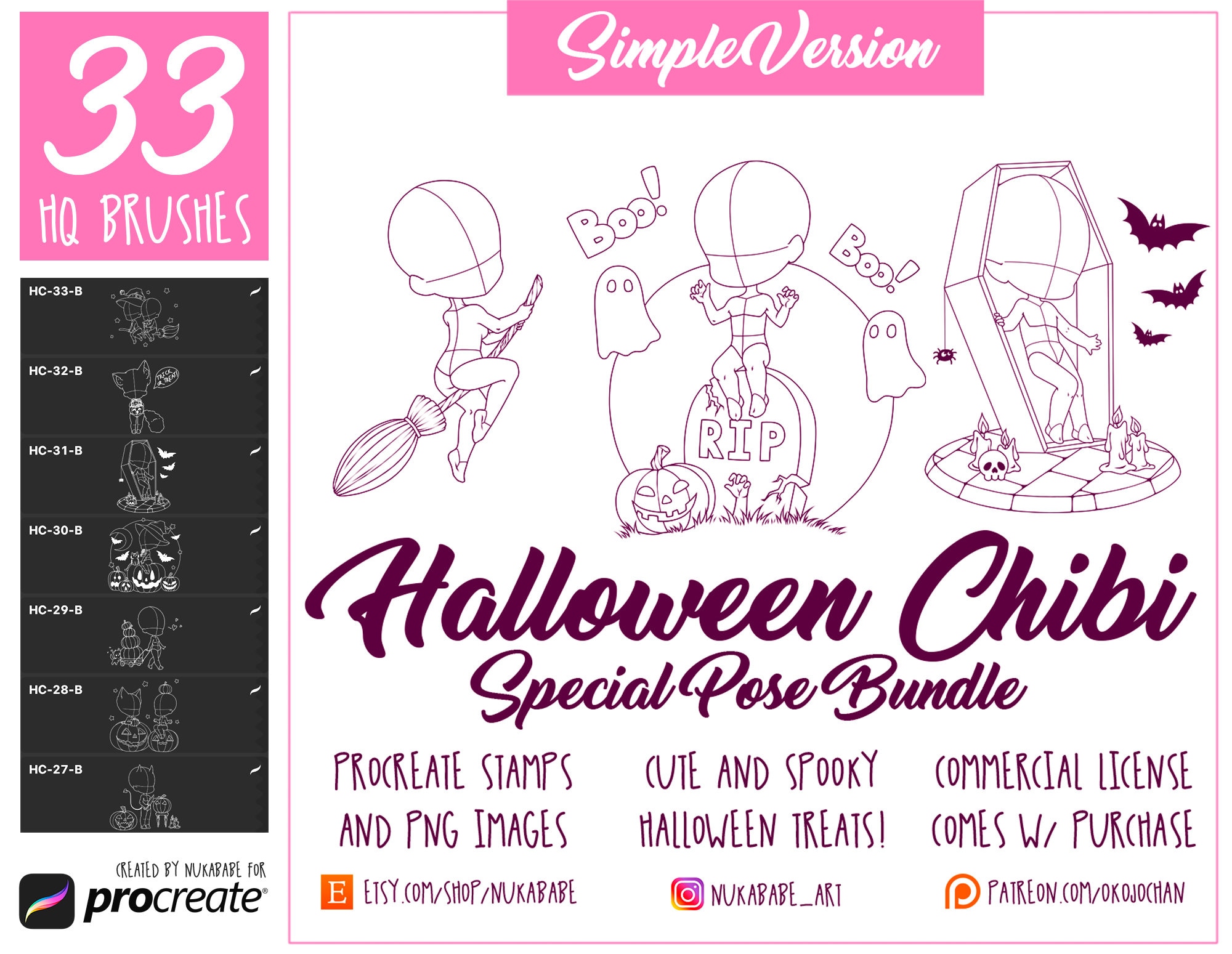 Sellos de Halloween para Procreate y Pinceles de Poses Chibi | 33 Bases de anime, PNG + Brushset