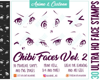 30 Procreate Face Stamps, Anime Eyes Brush Pack for Procreate, Eyebrow Brushes, Chibi Faces, Guide Brushes, Anime Faces, Cartoon Portrait